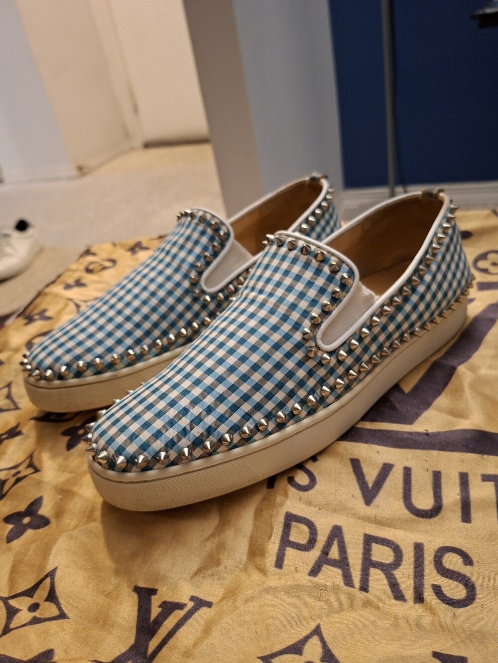 Christian Louboutin Blue Gingham Check Pik Boat Slip On Sneakers